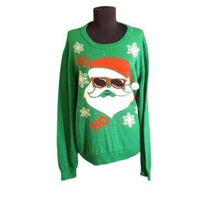 Ugly Christmas Sweater Size XL Cool Santa Ho Ho Ho Green Knit Pullover Snowflake
